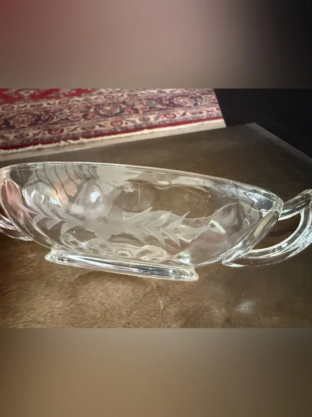 Vintage Floral Cut and Etched Glass Cream, Sugar, and Dish Set